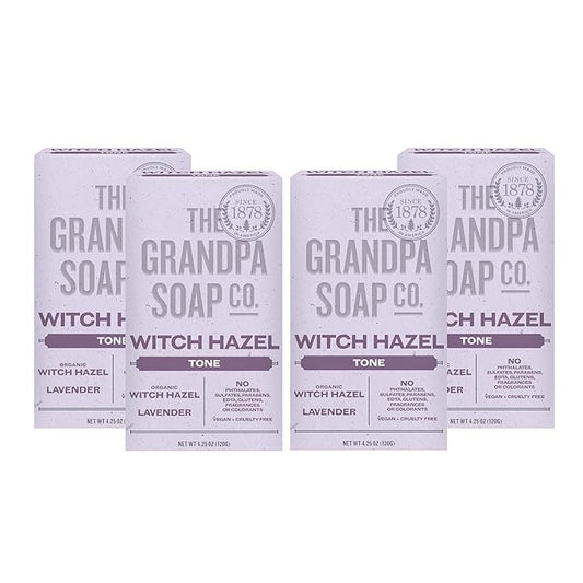 The Grandpa Soap Company Witch Hazel Bar Soap - Gently Tones Skin, With Witch Hazel and Lavender, Provides a Relaxing Effect, Vegan, For Face and Body, 4.25 Oz, 4 Pack