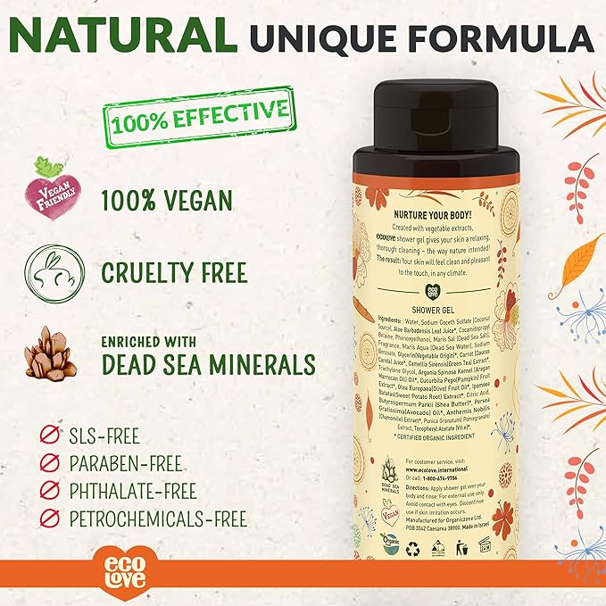 ecoLove - Natural Moisturizing Body Wash for Dry Skin - With Organic Carrot, Pumpkin and Sweet Potato - No SLS or Parabens - Vegan and Cruelty-Free Shower Gel, 17.6 oz