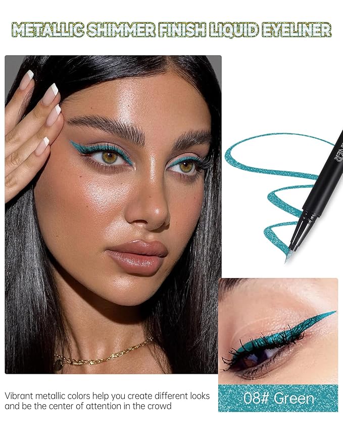 Metallic Shimmer Liquid Eyeliner, Green Glitter Eyeliner Waterproof Long-Lasting, Quick-Drying Colored Eye Liner, Ultra-Fine Tip & Smooth Application, High Pigmented Smudge-Proof Delineador De Ojos-08