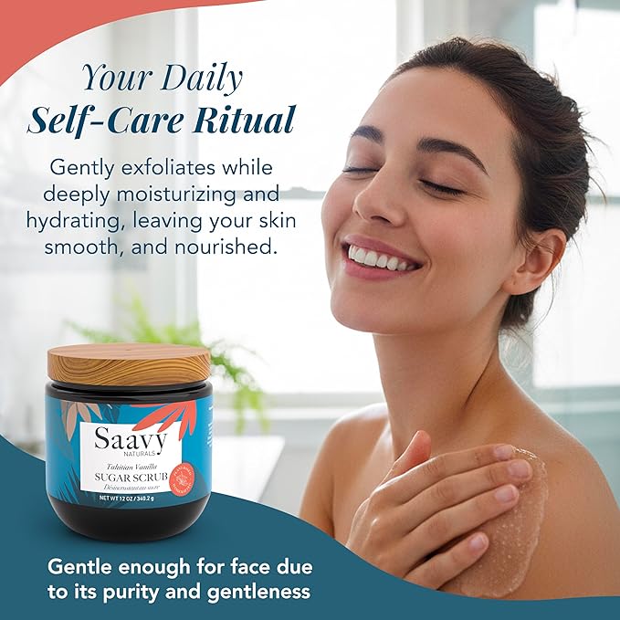 Saavy Naturals Body Scrub - Scented Sugar Vanilla Extract, Natural Body Scrub & Vegan Exfoliating with Vitamin E, Gentle for Sensitive Skin – Made in USA – Tahitian Vanilla (2 Packs) - 12 oz