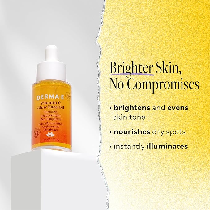Derma E Vitamin C Glow Face Oil, 1 Fl Oz, Nourishes, Brightens and Illuminates for Radiant Skin, Moisturizing Vitamin C Oil with Turmeric, Seabuckthorn and Red Raspberry