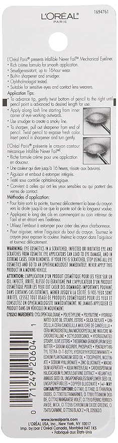 L'Oreal Paris Makeup Infallible Never Fail Original Mechanical Pencil Eyeliner with Built in Sharpener,Slate,0.008 oz.,(Pack of 2)