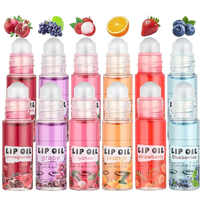 12Pcs Roll On Lip Gloss Set，Mini kids Lip Gloss Fruit Flavored，Moisturizing Lip Oil Make up for Teens and Girls，Hydrating Long Lasting Glossy,Christmas Party Favors Gift，Vegan & Cruelty-Free