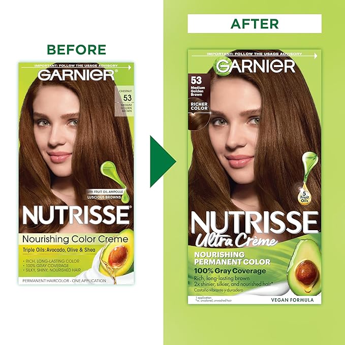 Garnier Nutrisse Ultra Crème Hair Color, Permanent Hair Dye with 100% Gray Coverage, Vegan & Cruelty-Free, 53 Medium Golden Brown (Chestnut), 2 Count