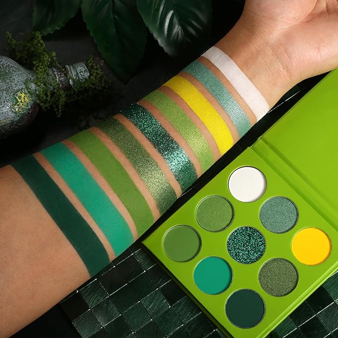 Green Eyeshadow Palette 9 Colos, Highly Pigmented Matte Shimmer Glitter Lime Forest Green Eye Shadow Palette for Hazel Eyes, Long Lasting Dark Emerald Wicked Makeup for Daily,Festival, Blendable,Vegan