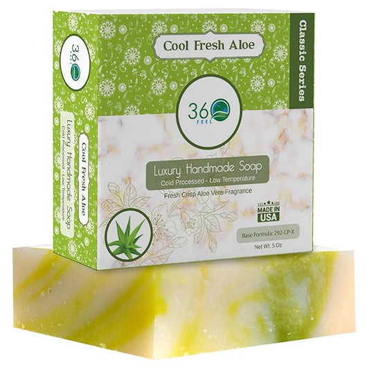 360Feel Cool Fresh Aloe Soap - Made in The USA - Castile Handmade, All-Natural Cold-Processed - Infused with Aloe Vera for Refreshing Cleanse and Creamy Rich Lather (5 oz)