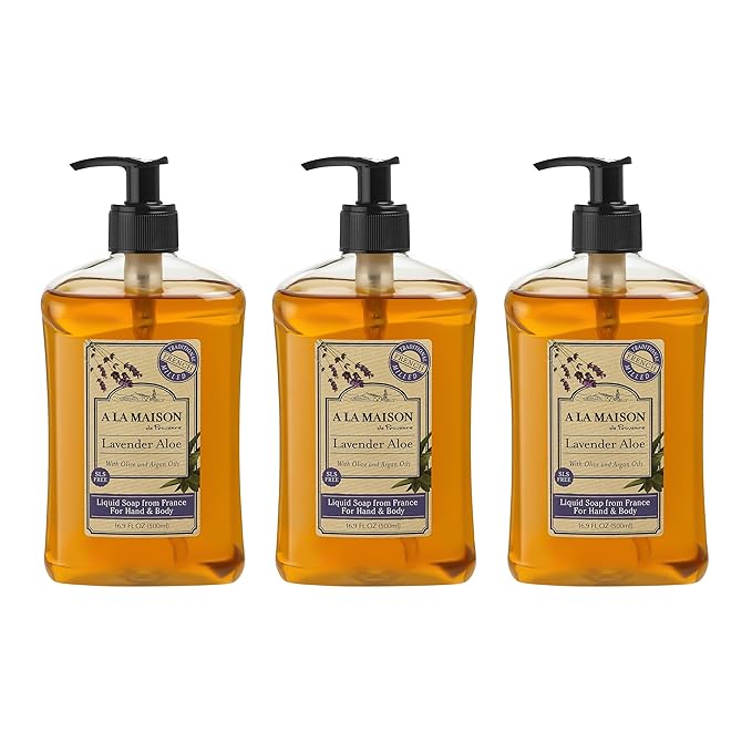 A LA MAISON Lavender Aloe French Liquid Hand Soap - Natural Hand Wash Made with Essential Oils - Biodegradable, Plant-Based, Vegan, Cruelty-Free, Alcohol & Paraben Free (16.9 oz, 3 Pack)