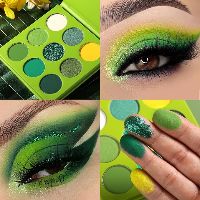 Green Eyeshadow Palette 9 Colos, Highly Pigmented Matte Shimmer Glitter Lime Forest Green Eye Shadow Palette for Hazel Eyes, Long Lasting Dark Emerald Wicked Makeup for Daily,Festival, Blendable,Vegan