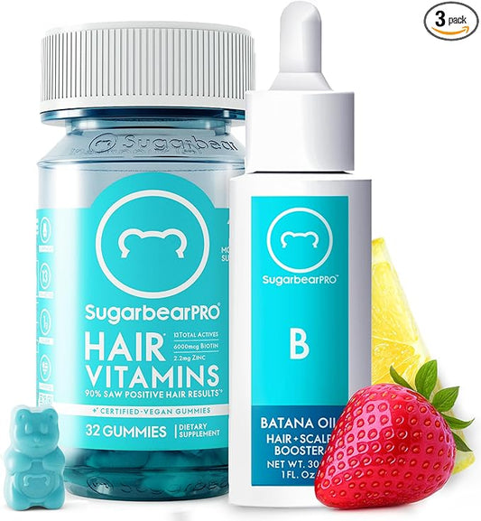SugarBearPro Batana Hair Oil & Glass-Dropper Applicator, 1oz + Vegan Hair Vitamin Gummies 1 Month Supply, Extra Strength Biotin 6000mcg