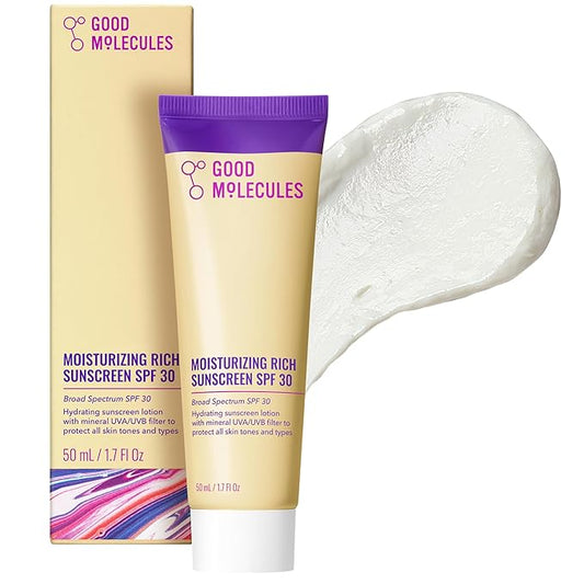 Good Molecules Moisturizing Rich Sunscreen SPF 30 – Mineral Zinc Oxide 11% Broad Spectrum UVA/UVB Protection, Hydrating Face Sunscreen, Fragrance-Free, 50 ml