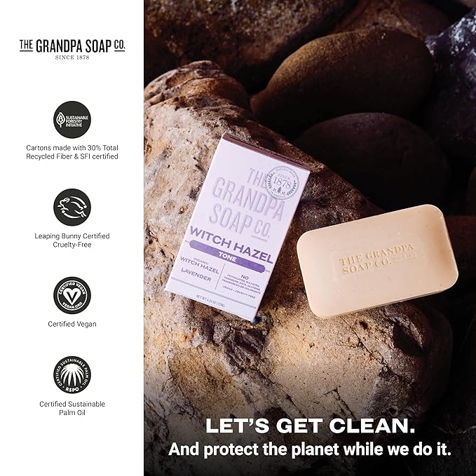 The Grandpa Soap Company Witch Hazel Bar Soap - Tones and Rejuvenates Skin, With Witch Hazel and Lavender, Provides a Relaxing Effect, Vegan, For Face and Body, 4.25 Oz, 3 Pack