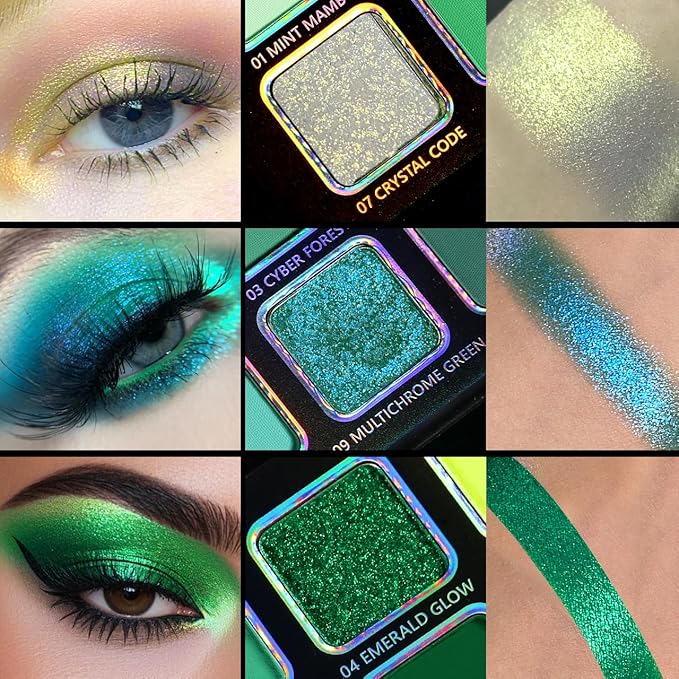 Green Eyeshadow Makeup Palette, 12 Colors Wicked Green Glitter Holographic Eyeshadow with Matte Shimmer for Brown Eyes, Pigmented Silky Long Lasting Purple Gold Eye Shadow for Carnival, Party, Vegan