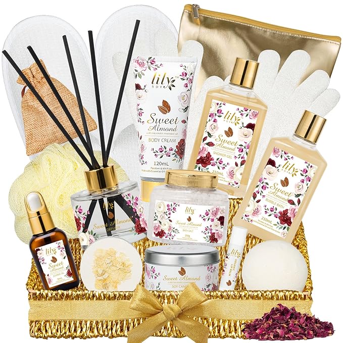 Mothers Day Gifts for Women 17-Piece Almond Luxury Spa Gift Set Bath and Body Gift Basket Set Care Kit with Shower Gel | Christmas, Valentines Day Gift for Mom, Birthday Gifts for Her, Wife, Mom