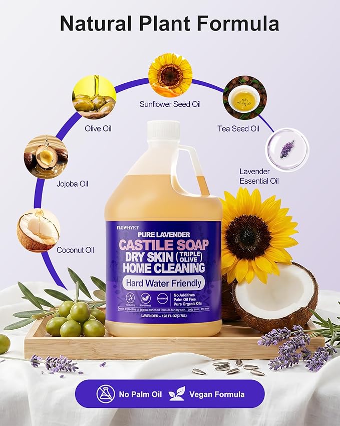 1 Gallon Pure Castile Soap Liquid Lavender, Natural Organic Hand Soap, For Dry Skin, Hand, Face, Body ＆ Home Cleaning, Vegan Hard Water Friendly- 128 fl oz
