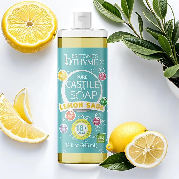 Brittanie’s Pure Castile Liquid Soap Refill, Lemon Sage, 32 Ounce Pack of 2 | Dish Soap, Hair & Body, Home, Gentle and Pure, Made with Natural Luxurious Oils, Vegan & Gluten Free Non-GMO