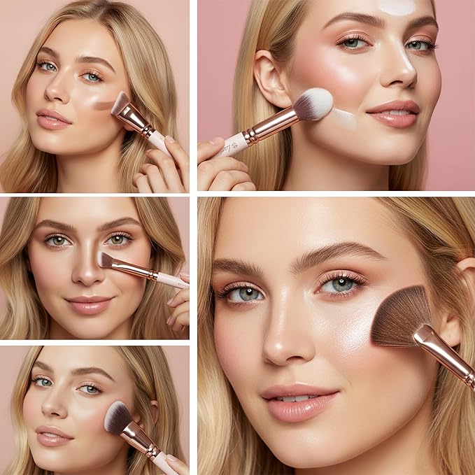 Pro Face Contour Brush Set - Synthetic Contouring Sculpting and Highlighting Kit - Cream Blush Powder Flat Nose Cheek Round Small Angled Fan Tapered Precision Kabuki Foundation Makeup Brushes