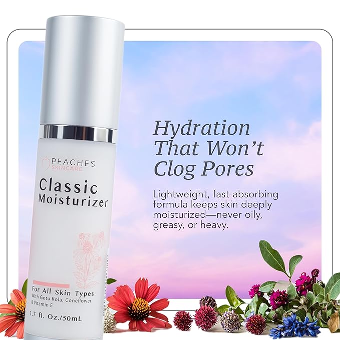 Peaches Skincare Hydrating Vegan Moisturizer with Vitamin E, Gotu Kola, and Pineapple – Age-Defying Daily Face Cream for Dry Skin and All Skin Types – Classic Moisturizer 1.7 oz
