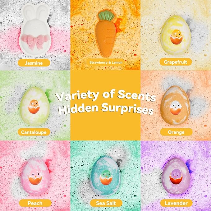 Easter Bath Bombs with Surprise Inside: 9 Pcs Natural Organic Egg Bunny Shaped Basket Stuffers for Kids Girls Boys Bubble Bathbombs Fruit Scented Spa Birthday Gift Set Party Favors Children Prize