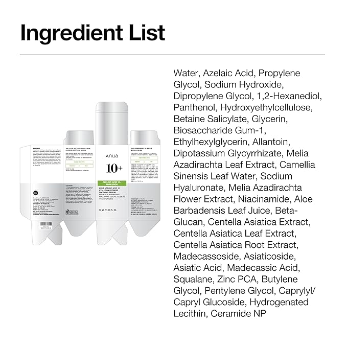Anua Azelaic Acid 10 Hyaluron Redness Soothing Serum, Facial Serum for Blemish-Prone & Sensitive Skin, Lightweight & Hydrating Blemish Care, Hyaluronic Acid, Korean Skincare, 1.01 fl oz.