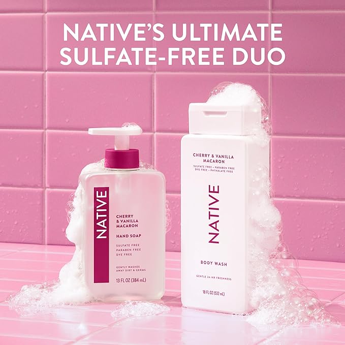 Native Body Wash Contains Naturally Derived Ingredients | For Women & Men, Sulfate, Paraben, & Dye Free Leaving Skin Soft and Hydrating | Cherry & Vanilla Macaron 18 oz