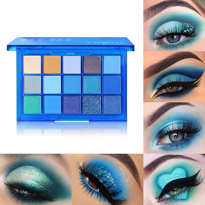 UCANBE Bright Neon Eyeshadow Makeup Palette-15 Shades High Pigmented Purple Blue Yellow Shimmer Matte Glitter Metallic Eyes Shadow Colorful Vibrant Creamy Make Up Pallets Kit - Blue Tonic…