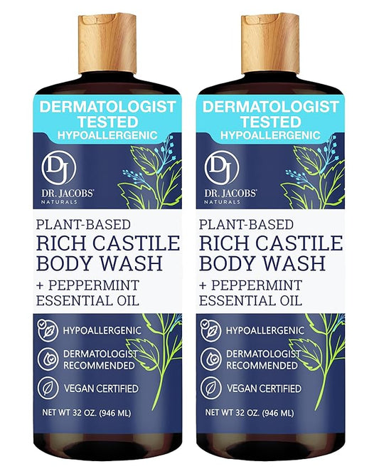 Dr. Jacobs Naturals Pure Castile Soap Liquid Body Wash, Peppermint - Plant Based Soap Infused with Vitamin E and Aloe Vera to Moisturize Dry and Sensitive Skin - Made in The USA - 32 oz, Pack of 2