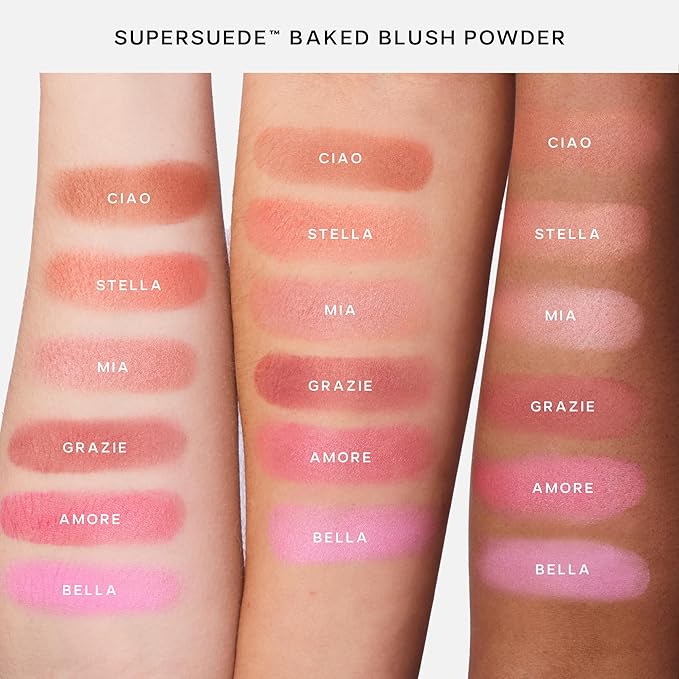 Saie SuperSuede Baked Blush - Talc-Free Powder Blush for Cheeks Infused with Hyaluronic Acid, Glycerin + Squalane - Hydrating Face Makeup for a Natural, Diffused Flush of Color - Ciao (0.1 Ounce)