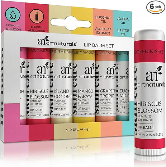 ArtNaturals Beeswax Lip Balm Gift Set – 6 Pack Assorted Flavors with Coconut Oil, Aloe & Jojoba Oil – Hydrating, Nourishing, Natural Lip Care
