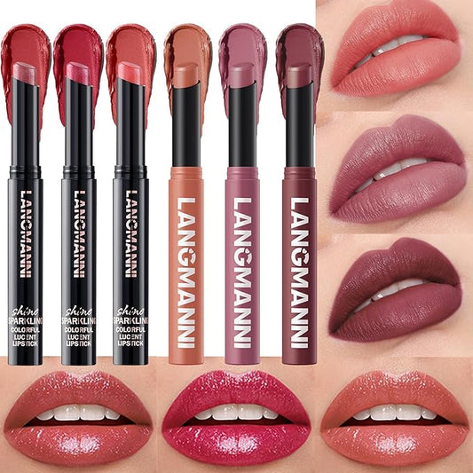 Jolilab 6Pcs Glitter Lip Kit - Velvet Matte & Nude Matte Lipstick + Glitter Lip Gloss/Glitter Lipstick High Pigmented Long-Lasting Waterproof Beauty Cosmetics Gift for Women(SET D)