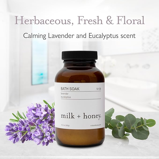 milk + honey No. 8 Calming Bath Soak – Moisturizing Epsom Salt with Lavender & Eucalyptus – Relaxing Aromatherapy Soak for Sore Muscles, Dry Skin & Stress Relief – 10 oz