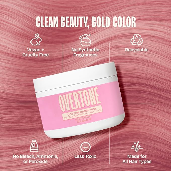 Overtone Semi Permanent Hair Color Conditioner, Cotton Candy Pink, 8 oz, Nourishing, Damage-Free, Color Depositing Mask for All Hair Types with Shea Butter & Coconut Oil, Vegan & Cruelty-Free