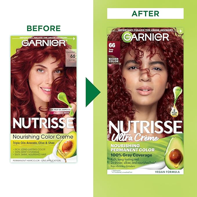 Garnier Nutrisse Ultra Crème Hair Color, Permanent Hair Dye with 100% Gray Coverage, Vegan & Cruelty-Free, 66 True Red (Pomegranate), 2 Count