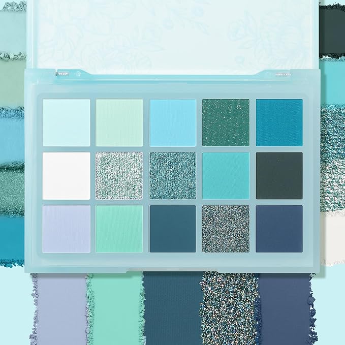 UCANBE 15 Color Eyeshadow Palette – Shimmer Matte Glitter Metallic Cool Tones Shades in White, Blue, Green, Mint, Teal, Navy – High Pigmented Blendable Eye Makeup Palette Kit