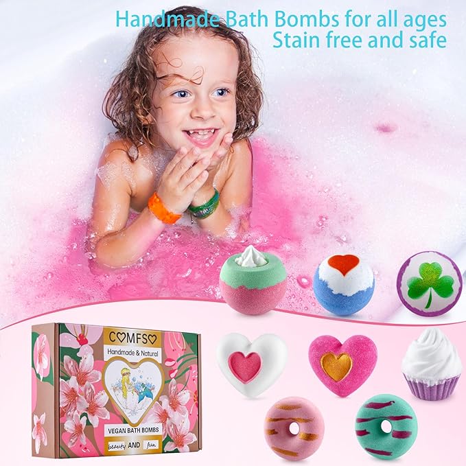 Bath Bombs for Girls - Bath Bombs, Valentines Day for Women Kids, Bubble Bath, Handmade Bath Bomb Gift Set Bathbombs Relaxing Spa Gifts Basket for Her Wife Mom Birthday Gifts
