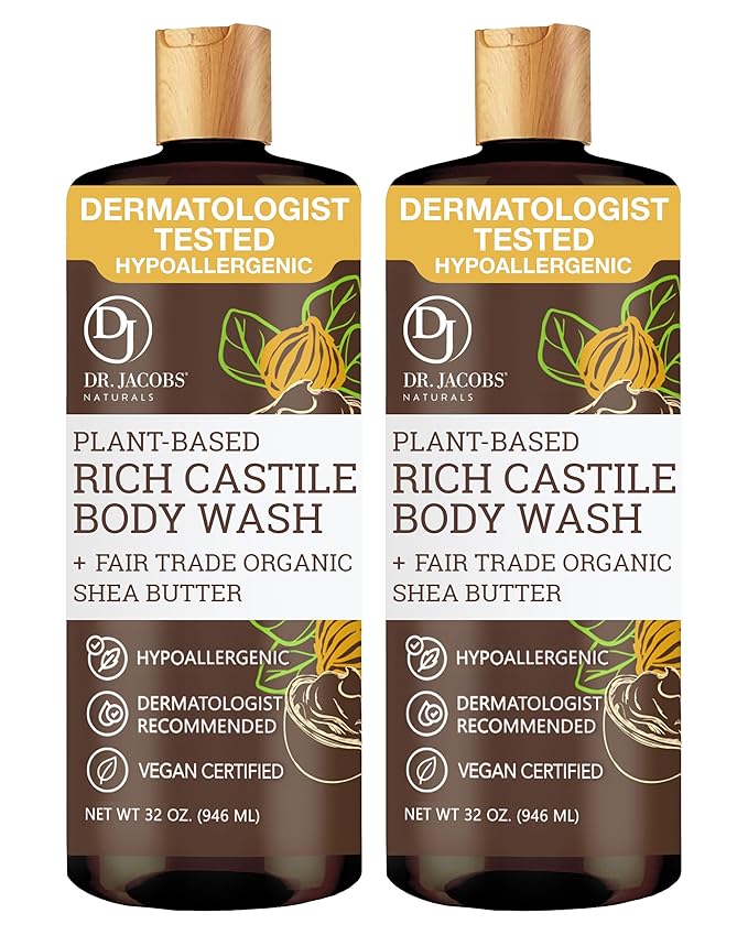 Dr. Jacobs Naturals Pure Castile Soap Liquid Body Wash, Shea Butter - Plant Based Soap Infused with Vitamin E and Aloe Vera to Moisturize Dry and Sensitive Skin - Made in the USA - 32 oz, Pack of 2