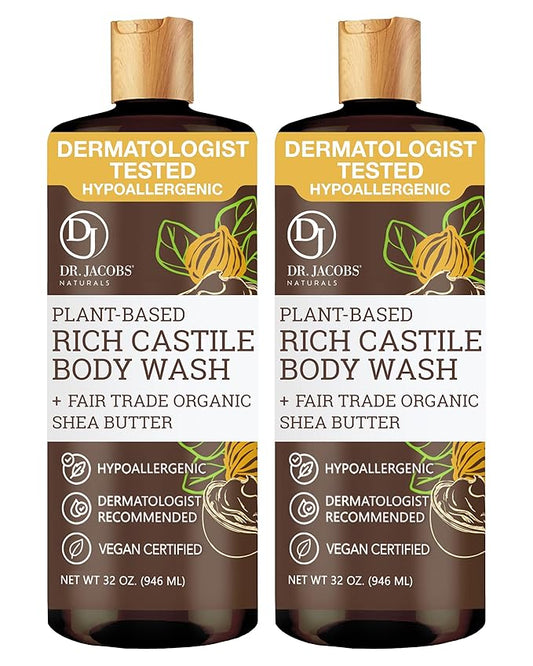 Dr. Jacobs Naturals Pure Castile Soap Liquid Body Wash, Shea Butter - Plant Based Soap Infused with Vitamin E and Aloe Vera to Moisturize Dry and Sensitive Skin - Made in the USA - 32 oz, Pack of 2