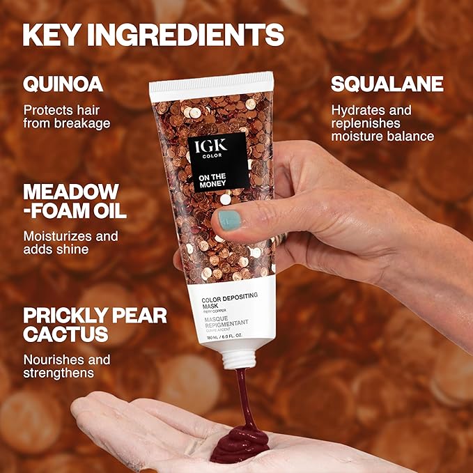 IGK On The Money Color Depositing + Conditioning Hair Mask | Fiery Copper - Cinnamon Red Tones | Hydrating Semi-Permanent Gloss Toner Treatment