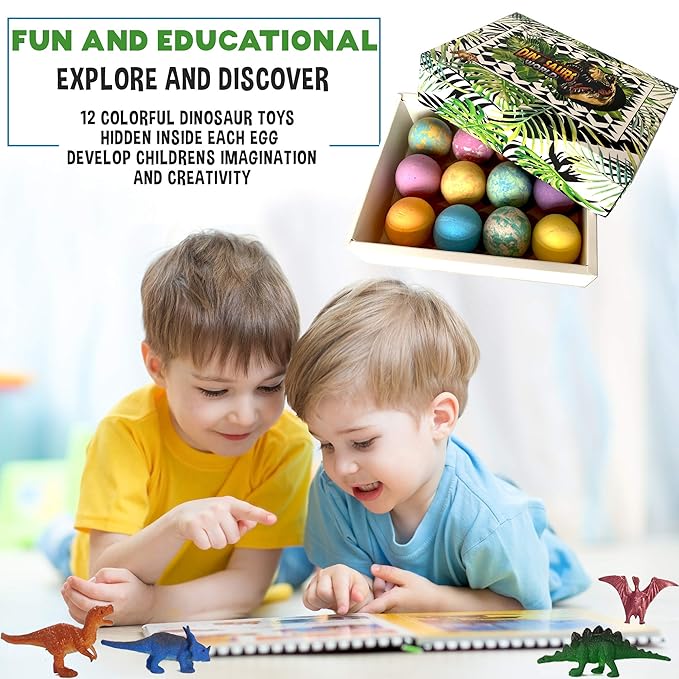 Bath Bombs for Kids with Surprise Inside - 12 Dinosaur Bath Bombs with Toys, Organic Colorful Bubble Bath Fizzies, Dino Egg Bath Bomb w/Rich Bubbles, Easter Basket Essentials for Kids, Boys, Girls
