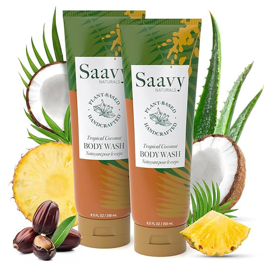Saavy Naturals Moisturizing Body Wash for Sensitive Skin – Plant-Based & Pure with Coconut Oil, Shea Butter & Aloe Vera – Paraben-Free, Cruelty-Free – Tropical Coconut – 8.5 fl oz, 2 pack