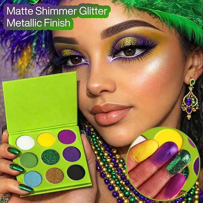 Purple Green Gold Eyeshadow Palette, Matte Shimmer Lavender Green Goth Smoky Eye Shadow Makeup Palette, Pigmented Long Lasting Mardi Gras Makeup Pallet for Stage, Witch, Ursula, Beetlejuice, Cosplay