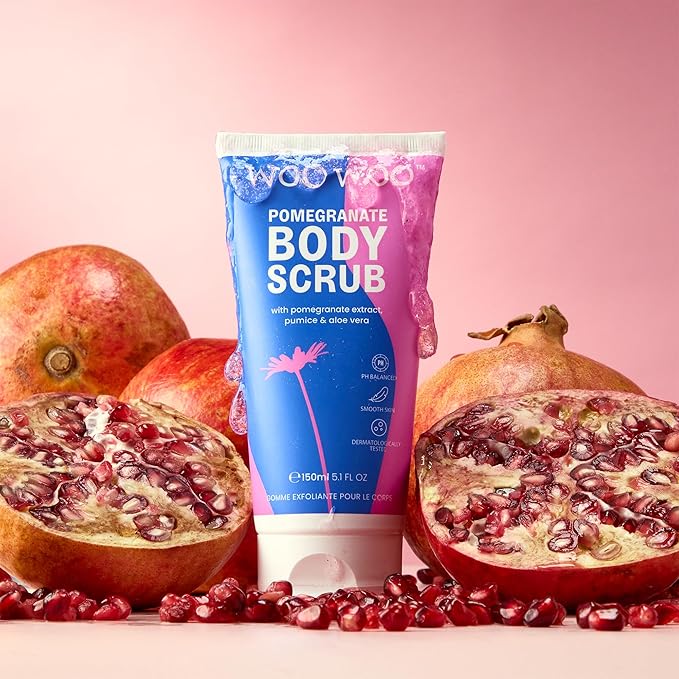 WooWoo Natural Pomegranate Body Scrub - Exfoliating Vegan Formula with Pumice & Aloe Vera | Smooths Skin, Helps Hyperpigmentation & Prevents Ingrown Hairs | 5 oz (150 ml)