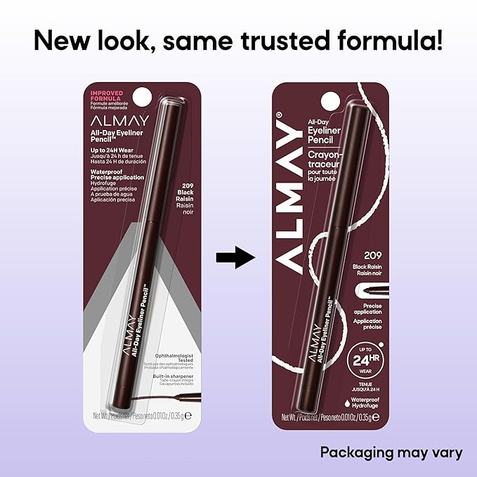 Almay All-Day Eyeliner Pencil, Hypoallergenic, Cruelty-Free, Oil-Free, Fragrance-Free, Ophthalmologist Tested, Long Wearing and Water Resistant (Packaging May Vary), 209 Black Raisin, 0.01 oz
