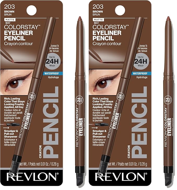 REVLON ColorStay Pencil Waterproof Eyeliner,Smudge-Proof,Eye Makeup with Built-In Sharpener,203 Brown,0.01 oz,(Pack of 2)