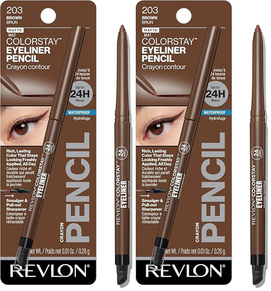 REVLON ColorStay Pencil Waterproof Eyeliner,Smudge-Proof,Eye Makeup with Built-In Sharpener,203 Brown,0.01 oz,(Pack of 2)