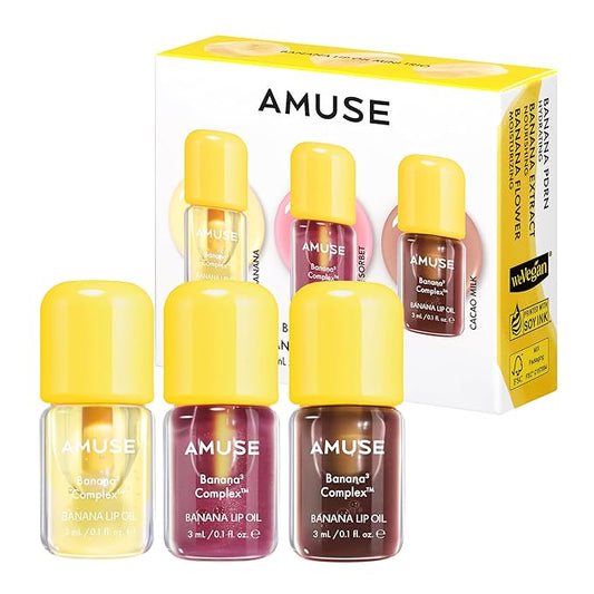 Amuse Seoul Banana Lip Oil Mini Trio – Skincare-Infused Hydrating Vegan Lip Oil, Banana-Scented, Lightweight Non-Sticky Glossy Finish, with Peptide & Rice-Based PDRN