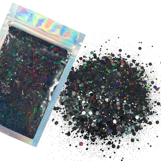 Black Face & Body Glitter - Chunky Glitter - Uses Include: Holidays, Cheerleading, Festival, Rave, Hair, Makeup, Face, Body, Nails, Resin, Arts & Crafts, Resin, Tumblers, Bath Bombs