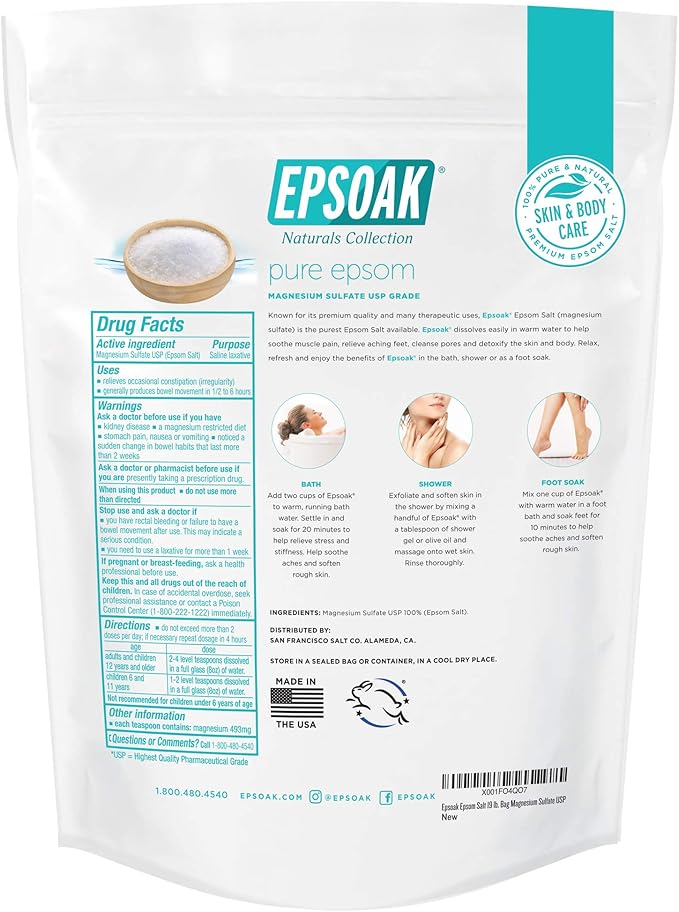 Epsoak Epsom Salt 38 lb. Magnesium Sulfate USP. (Qty. 2 x 19 lb. Bags) Resealable Epsom Salt Bag Unscented, Made in The USA, Cruelty-Free Certified