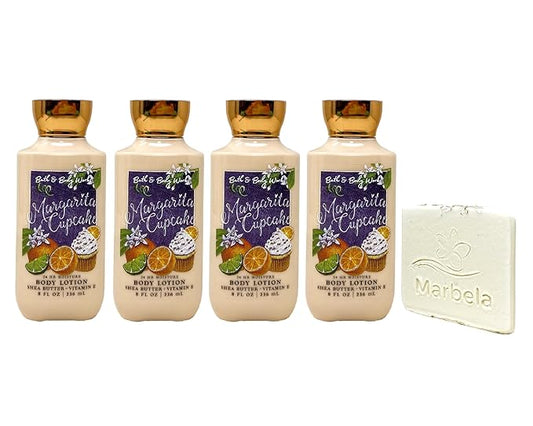 Bath & Body Works Margarita Cupcake 4 Pack 24 Hour Moisture Body Lotion Bundle with a Natural Oats Sample Soap