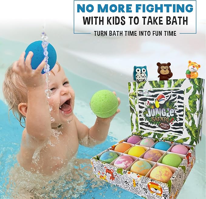 Bath Bombs for Kids with Surprise Inside, 12 Bubble Bath Fizzies with Jungle Animal Toys. Moisturizing, Gentle & Kids Safe, Rainbow Spa Bath Fizz, Birthday Gift Easter Basket Essentials for Boy Girls