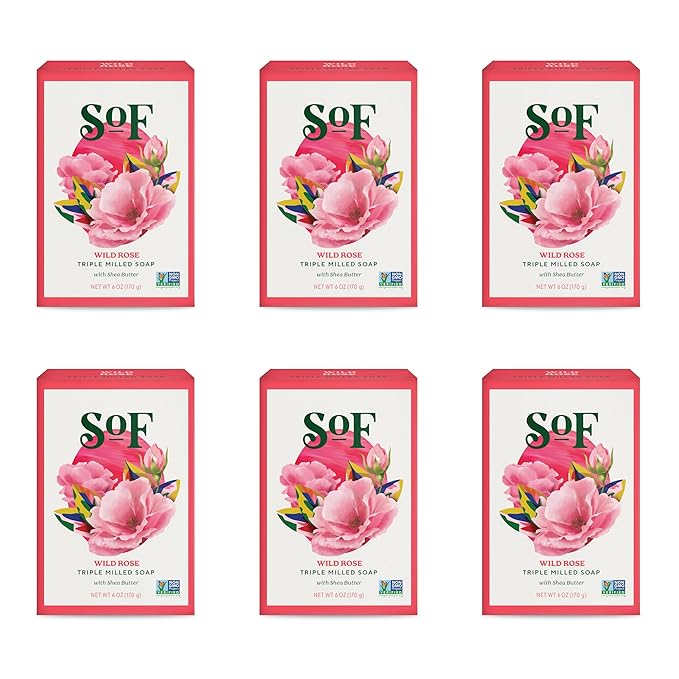 SoF Triple Milled Bar Soap - With Coconut Oil & Organic Shea Butter- Vegan & Non GMO- Free From Phthalates, Sulfates & Parabens- Wild Rose - 6 oz Bar 6 Bars